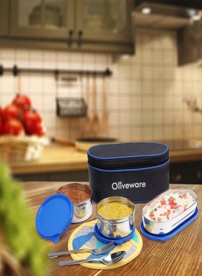 SOPL-OLIVEWARE علبة غداء صوفيا من أوليفوير، مع ملعقة وشوكة، مانعة للتسرب بنسبة 100%، 3 حاويات من الفولاذ المقاوم للصدأ بأغطية خالية من مادة BPA (550 مل، 350 مل، 350 مل)، حقيبة قماشية - أزرق - Image 5